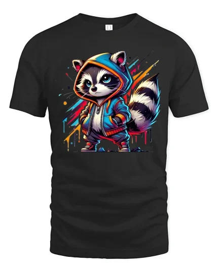 Cool Streetwear Raccoon Hoodie Art Urban Style Graphic Tee - black t-shirt on white background