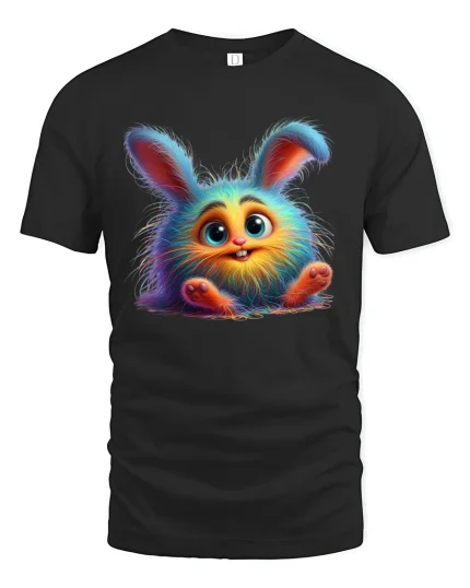 Cute Fluffy Rainbow Bunny Big Eyes Adorable Fantasy Art Tee - black t-shirt on white background