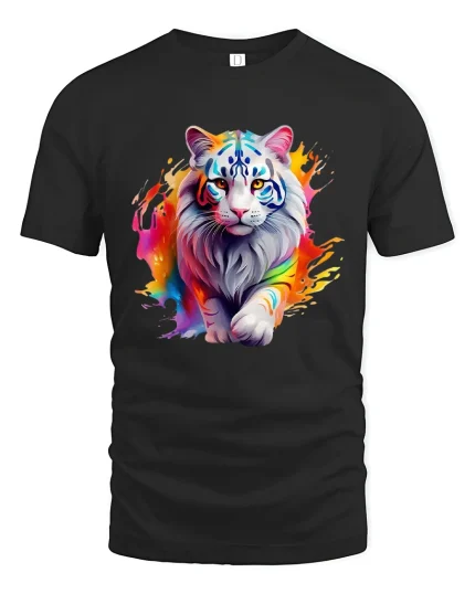 Colorful Lion Spirit Art Graphic Bold Power Statement Tee - black t-shirt on white background