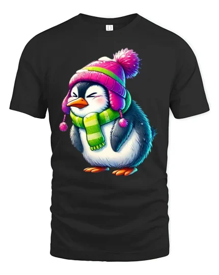 Cute Cozy Penguin Winter Hat Scarf Adorable Cartoon Art Tee - black t-shirt on white background