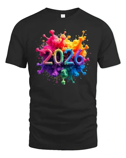 Colorful 2026 Paint Splash Celebration Modern Graphic Tee - black t-shirt on white background