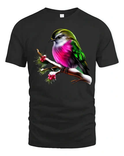 Colorful Winter Bird On Branch Elegant Nature Art Graphic Tee - black t-shirt on white background