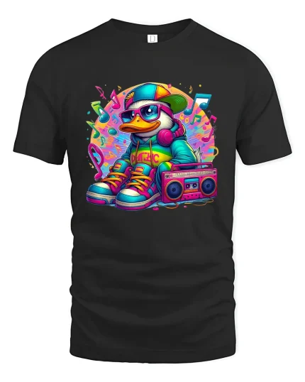 Cool DJ Duck Music Vibes Colorful Street Art Graphic Tee - black t-shirt on white background