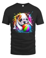 Cute Bulldog Puppy Playing Beach Ball Color Splash Fun Tee - black t-shirt on white background