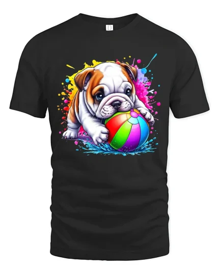 Cute Bulldog Puppy Playing Beach Ball Color Splash Fun Tee - black t-shirt on white background