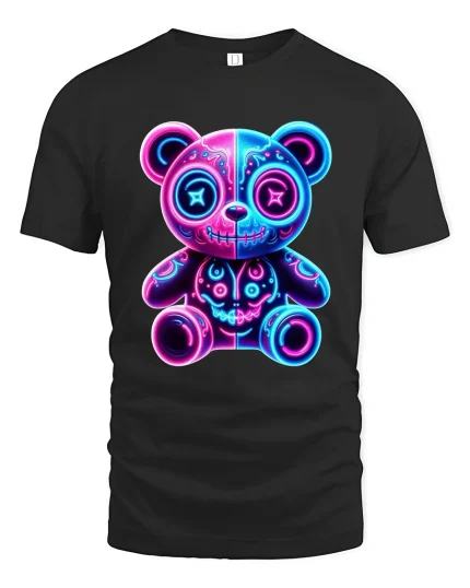 Neon Glow Teddy Bear Cute Dark Art Electric Vibes Tee - black t-shirt on white background