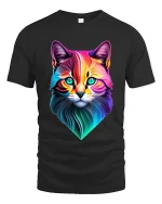Colorful Geometric Cat Face Art Modern Neon Style Tee - black t-shirt on white background