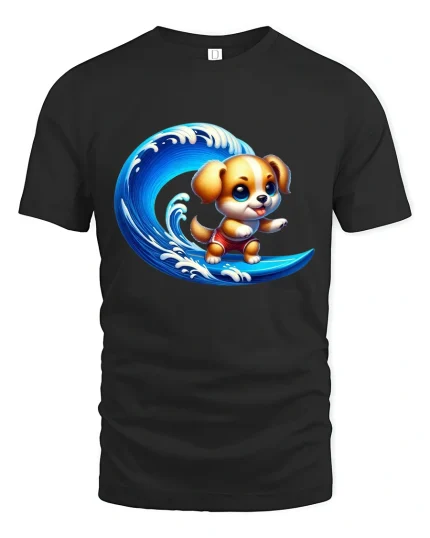 Cute Surfing Puppy Riding Ocean Wave Fun Cartoon Art Tee - black t-shirt on white background