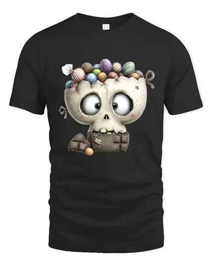 Cute Candy Skull Cartoon Art Sweet Dark Humor Graphic Tee - black t-shirt on white background