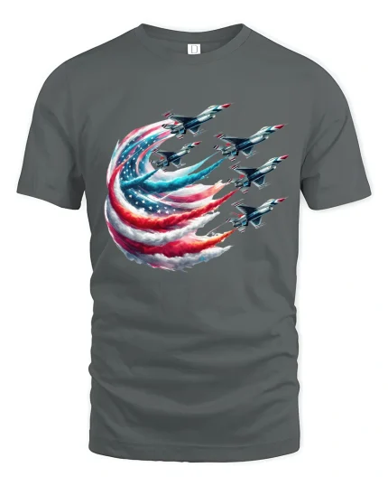 American Freedom Jet Formation Graphic Patriot Power Tee - gray t-shirt on white background