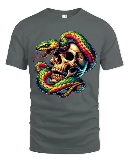 Vivid Snake Wrapped Skull Art Dark Fantasy Power Graphic Tee - gray t-shirt on white background