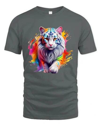 Colorful Lion Spirit Art Graphic Bold Power Statement Tee - gray t-shirt on white background