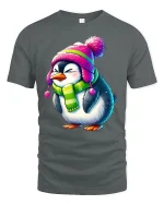 Cute Cozy Penguin Winter Hat Scarf Adorable Cartoon Art Tee - gray t-shirt on white background
