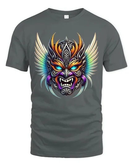 Fierce Winged Demon Mask Art Dark Fantasy Power Tee - gray t-shirt on white background
