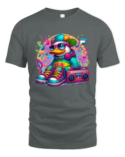Cool DJ Duck Music Vibes Colorful Street Art Graphic Tee - gray t-shirt on white background