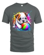Cute Bulldog Puppy Playing Beach Ball Color Splash Fun Tee - gray t-shirt on white background