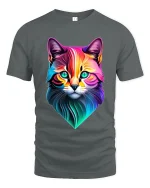 Colorful Geometric Cat Face Art Modern Neon Style Tee - gray t-shirt on white background