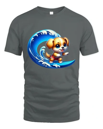 Cute Surfing Puppy Riding Ocean Wave Fun Cartoon Art Tee - gray t-shirt on white background