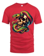 Vivid Snake Wrapped Skull Art Dark Fantasy Power Graphic Tee - red t-shirt on white background