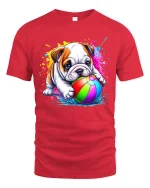 Cute Bulldog Puppy Playing Beach Ball Color Splash Fun Tee - red t-shirt on white background