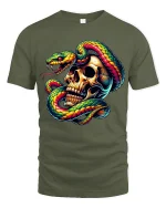 Vivid Snake Wrapped Skull Art Dark Fantasy Power Graphic Tee - military green t-shirt on white background