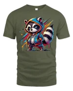 Cool Streetwear Raccoon Hoodie Art Urban Style Graphic Tee - military green t-shirt on white background