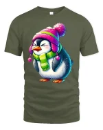 Cute Cozy Penguin Winter Hat Scarf Adorable Cartoon Art Tee - military green t-shirt on white background