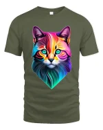 Colorful Geometric Cat Face Art Modern Neon Style Tee - military green t-shirt on white background