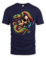 Vivid Snake Wrapped Skull Art Dark Fantasy Power Graphic Tee - navy t-shirt on white background
