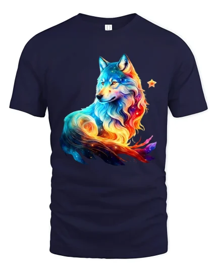 Cosmic Color Wolf Spirit Art Galaxy Energy Graphic Tee - navy t-shirt on white background