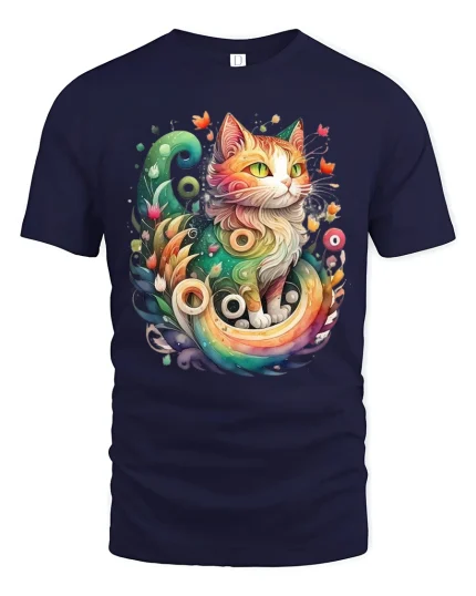 Whimsical Fantasy Cat Art Colorful Dreamy Nature Graphic Tee - navy t-shirt on white background