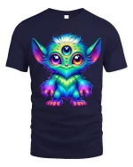 Cute Rainbow Alien Creature Big Eyes Fantasy Art Graphic Tee - navy t-shirt on white background