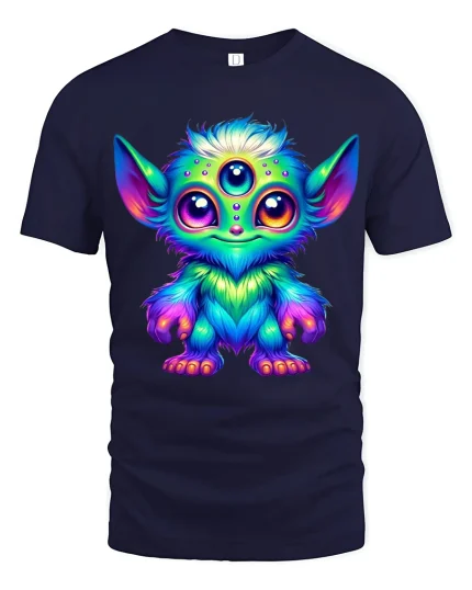 Cute Rainbow Alien Creature Big Eyes Fantasy Art Graphic Tee - navy t-shirt on white background