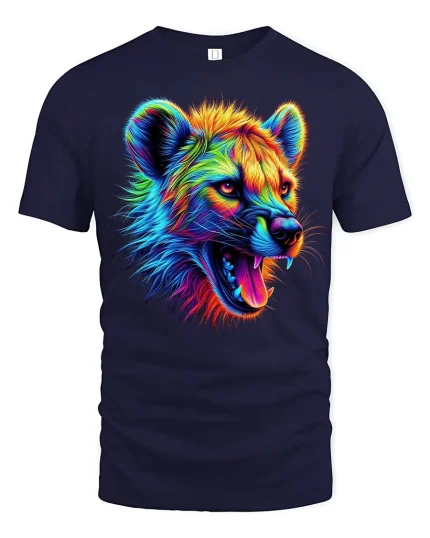 Fierce Rainbow Wolf Roar Neon Power Animal Art Graphic Tee - navy t-shirt on white background