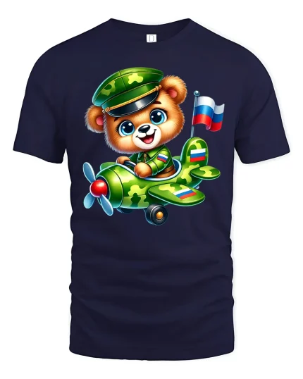 Cute Pilot Bear Flying Cartoon Airplane Adventure Art Tee - navy t-shirt on white background