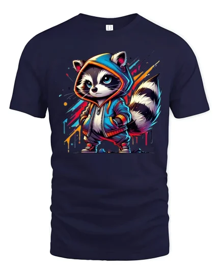 Cool Streetwear Raccoon Hoodie Art Urban Style Graphic Tee - navy t-shirt on white background