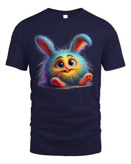 Cute Fluffy Rainbow Bunny Big Eyes Adorable Fantasy Art Tee - navy t-shirt on white background