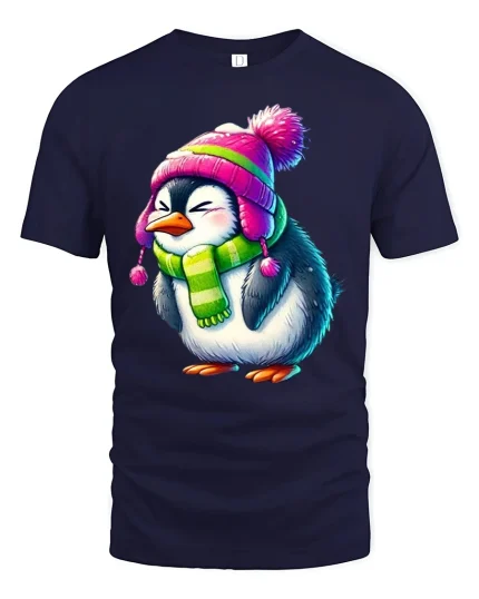 Cute Cozy Penguin Winter Hat Scarf Adorable Cartoon Art Tee - navy t-shirt on white background