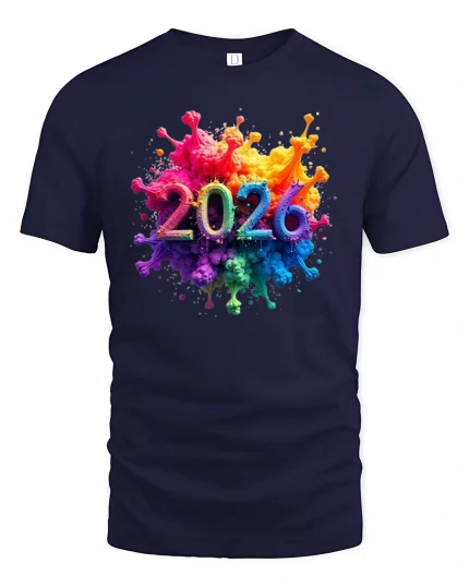 Colorful 2026 Paint Splash Celebration Modern Graphic Tee - navy t-shirt on white background