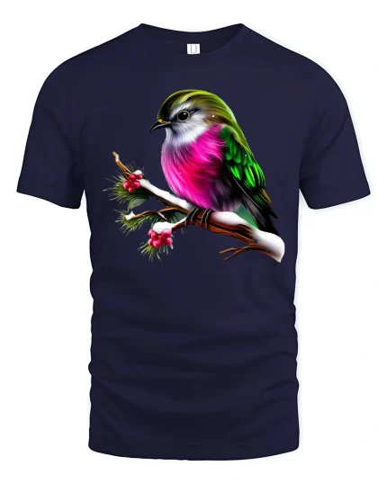 Colorful Winter Bird On Branch Elegant Nature Art Graphic Tee - navy t-shirt on white background