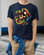 Vivid Snake Wrapped Skull Art Dark Fantasy Power Graphic Tee - model wearing navy tee with hands in pockets