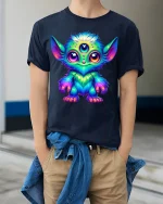 Cute Rainbow Alien Creature Big Eyes Fantasy Art Graphic Tee - model wearing navy tee with hands in pockets