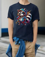 Cool Streetwear Raccoon Hoodie Art Urban Style Graphic Tee - model wearing navy tee with hands in pockets