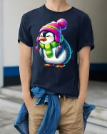 Cute Cozy Penguin Winter Hat Scarf Adorable Cartoon Art Tee - model wearing navy tee with hands in pockets