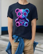 Neon Glow Teddy Bear Cute Dark Art Electric Vibes Tee - model wearing navy tee with hands in pockets