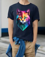 Colorful Geometric Cat Face Art Modern Neon Style Tee - model wearing navy tee with hands in pockets