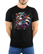 Cool Streetwear Raccoon Hoodie Art Urban Style Graphic Tee - model wearing black tee with hands behind back