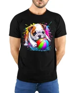 Cute Bulldog Puppy Playing Beach Ball Color Splash Fun Tee - model wearing black tee with hands behind back