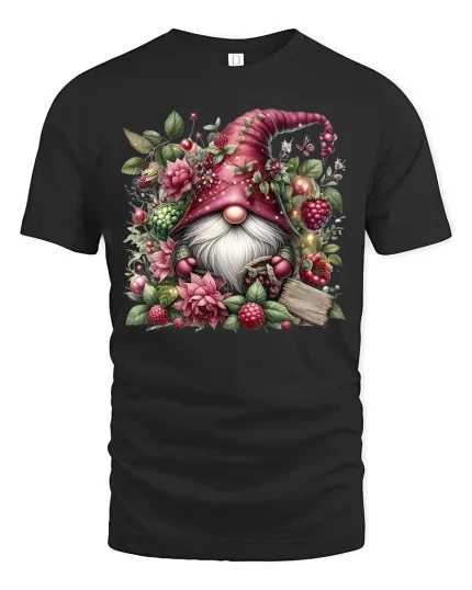 Enchanted Garden Gnome Floral Fantasy Art Nature Lover Tee - black t-shirt on white background