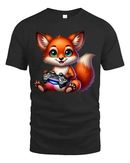 Cute Gamer Fox Holding Controller Adorable Cartoon Art Tee - black t-shirt on white background